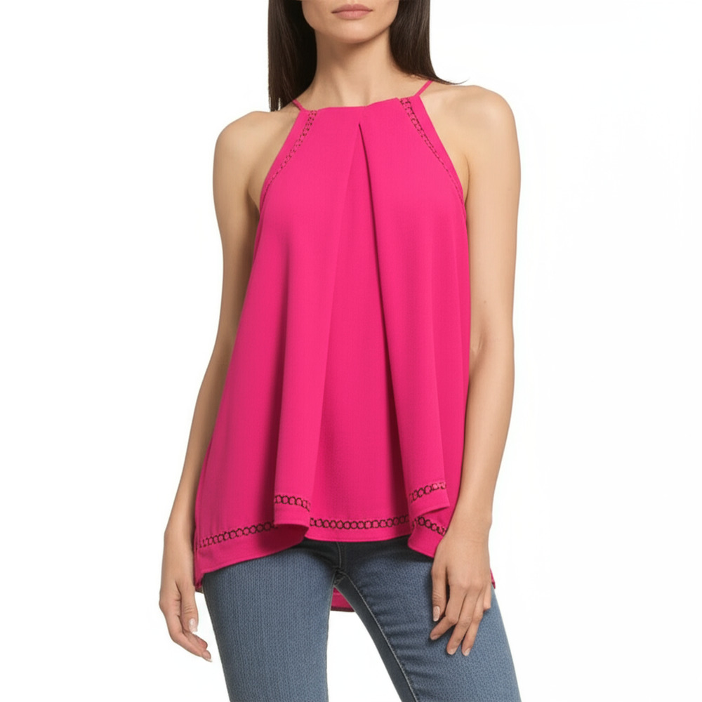 Sweet Wanderer Cami Top Size LG Hot Pink Sleeveless V-Neck Pleated Flowy Boho